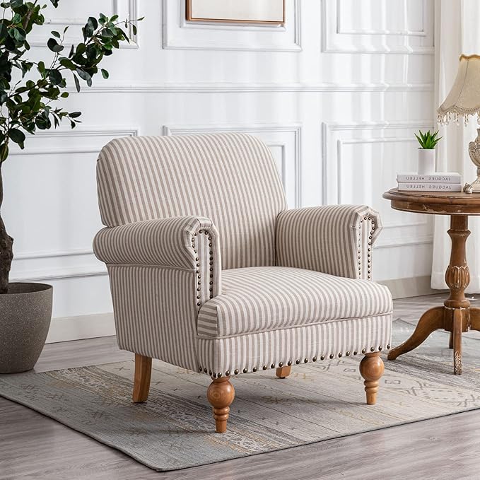 Linen Accent Chair Mid-Century Modern Living Room Armchair with Nailhead Trim &amp Wood Legs Comfy Upholstered Single Sofa Chair for Lounge/Bedroom/Reception Khaki Stripe