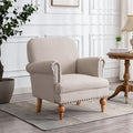 Linen Accent Chair Mid-Century Modern Living Room Armchair with Nailhead Trim &amp Wood Legs Comfy Upholstered Single Sofa Chair for Lounge/Bedroom/Reception Khaki Stripe