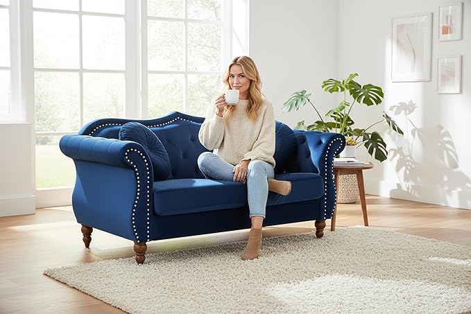 Anna1 Chesterfield Velvet Couches for Living Room Button Tufted Luxury Upholstery with Rolled Arms High-Density Foam Durable Wood Frame 65.5 Loveseat Blue Mist