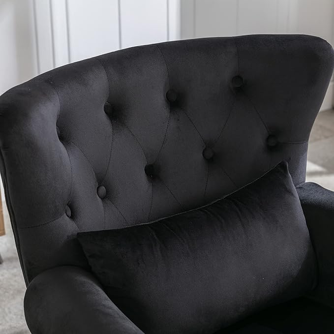 chairus Mid-Century Modern Accent Chairs with Ottoman Set of 2 Comfy Velvet Single Sofa Chair Button Tufted Wingback Armchairs with Pillow for Living Room/Bedroom/Club - Black