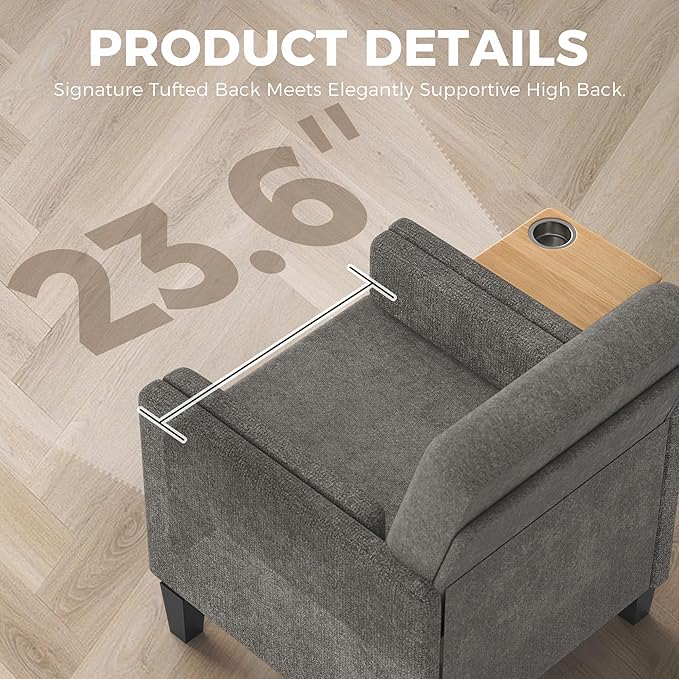 Chenille Accent Chair Mid Century Modern Arm Chair with Foldable Wooden Side Table &amp Cup Holder - Comfy Reading Chair for BedroomLiving Room ChairsSingle Sofa ChairDark Grey