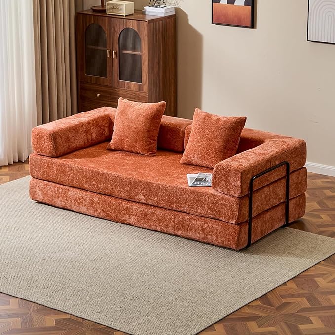 Convertible Sleeper Sofa Bed Compression Folding Sofa with Pillow No Assembly Required Shape Frame Floor Sofas Lounge Couch for Living Room Bedroom Small Spaces (Chenille 77''W Orange)
