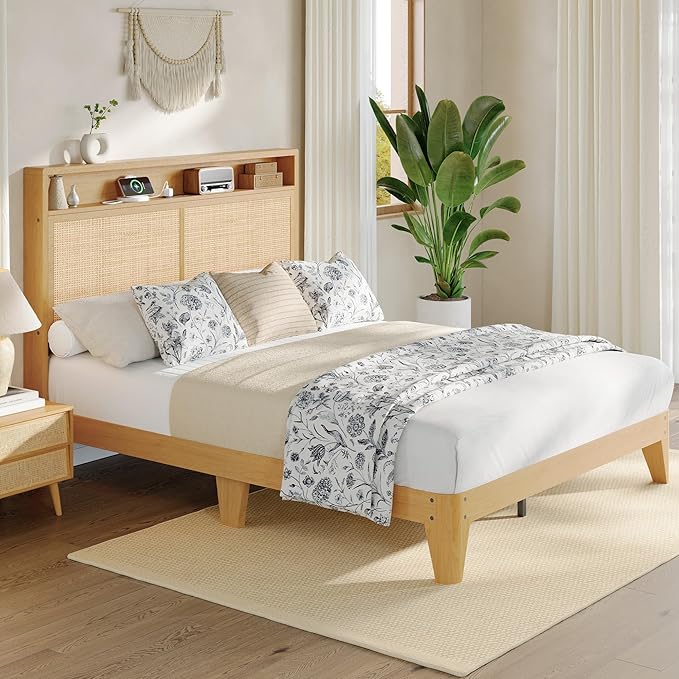 GAOMON Rattan Bed Frame Full Size with RGB LED Light &amp Charging Station Boho Rattan Full Bed Frame with 2 Tier Storage Headboard Sturdy Wooden Slats Support Under Bed Storage No Box Spring Nee