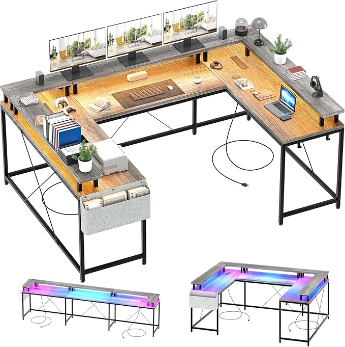 U Shaped Home Office Desk Reversible L Shaped Gaming Computer Desk With Power Outlets126 Inch Computer Desk With Monitor Stand and LED LightsStorage ShelvesStorage Bag and Hooks（Grey Oak）