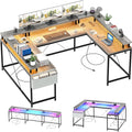 U Shaped Computer Gaming Desk 79’’ Reversible l Shaped Computer Desk with Power Outlet &amp LED Strip Office Desk with Monitor Stand Large Corner Desk with Storage Bag for Bedroom Office Grey