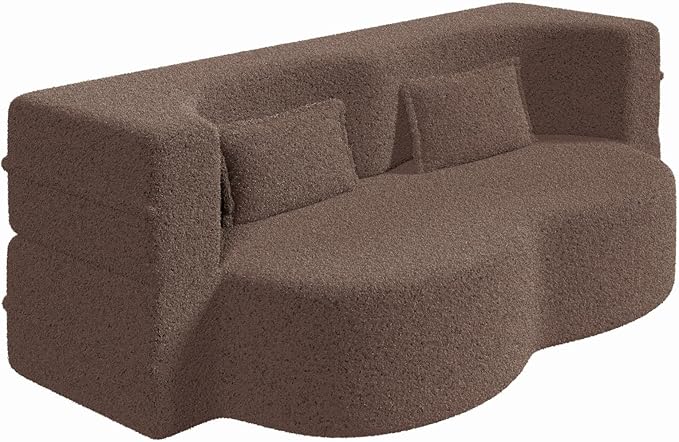 78” Floor Sleeper Sofa Bed Modern 2 in 1 Full Size Foldable Mattress with 2 Pillows Convertible Boneless Couch with Deep Seat for Living Room No Assembly Required (Brown &amp Teddy) | No Assembly