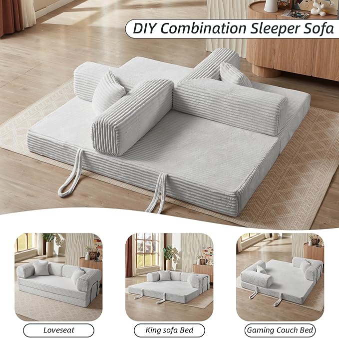 4-in-1 Convertible Folding Sleeper Sofa Bed Plush Corduroy Foldable Mattress Couch with Fixed-Shape Frame Floor Compressed Sofa for Living Room Bedroom (Light Grey)