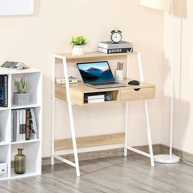 Home Office Desk Computer Desk for Small Spaces Writing Table with Drawer and Storage Shelves Natural