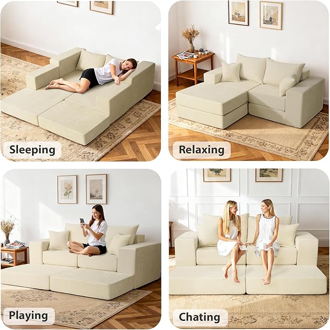 Modular Convertible Loveseat Sleeper Sofa Bed Chenille Upholstered Sectional Boneless Couch for Living Room L Shaped Foam Cloud Couch in Box Customizable Floor Sofa Bed (No Assembly Beige)