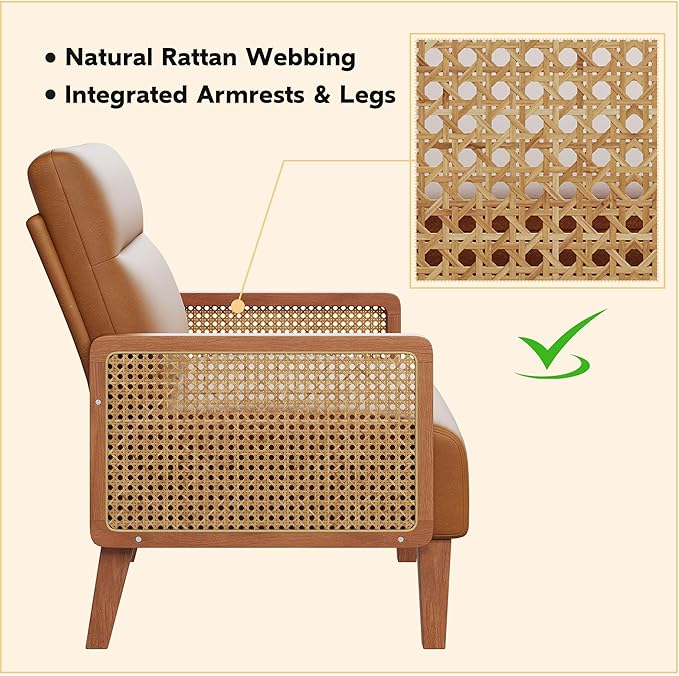 HAOBO Home Mid Century Modern Accent Chair Upholstered Living Room Chairs Armchair with Rattan Armrest Comfy Reading Chair with Wood Frame Lounge Side Chair