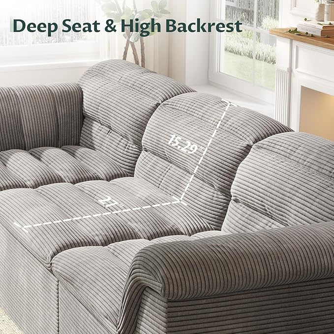 112 Modular Cloud Sectional Couch with Ottoman Modern Upholstered Compressed Sofa with Deep Seat Comfy L-Shape Corduroy Couches for Living Room No Assembly Required Light Gray