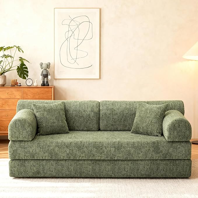 KEIKI 78 2Seat Sleeper Corduroy Sofa Couch for Forest Retreat Small Space Family Friendly Homeowners Warm Inviting Comfy Supportive Rest Space Elegant Premium Premium Design Moss