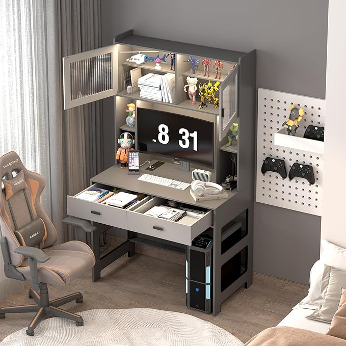 LVSOMT Home Office Desk with Hutch and Drawers Modern Computer Gaming Desk with LED Lights &amp Power Outlets Grey Study Table with Storage Shelves Teen Writing Desk for Bedroom 40'' W