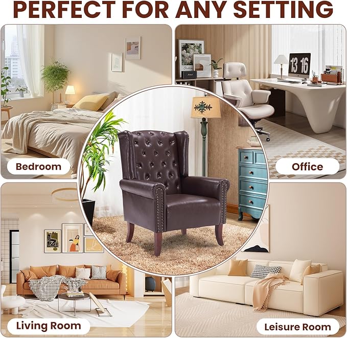 PU Leather Accent Chair Modern Wingback Armchair Club Sofa Chair High Back Living Room Chair for Bedroom Office Lounge (Caramel)