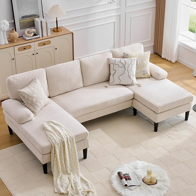 101 U-Shape Sectional Couch for Living Room 4 Seat Sofa with Removable Pillows Modern Chenille Fabric Sets with Double Chaise Lounges for Apartment&ampSmall Space Beige