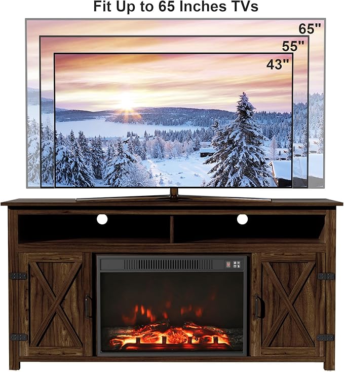 Furmax Farmhouse Fireplace TV Stand for TVs Up to 65 Inch Highboy Entertainment Center with Open Storage and Side Cabinets Rustic Media Console Table with Barn Doors for Living Room (Barnwood)