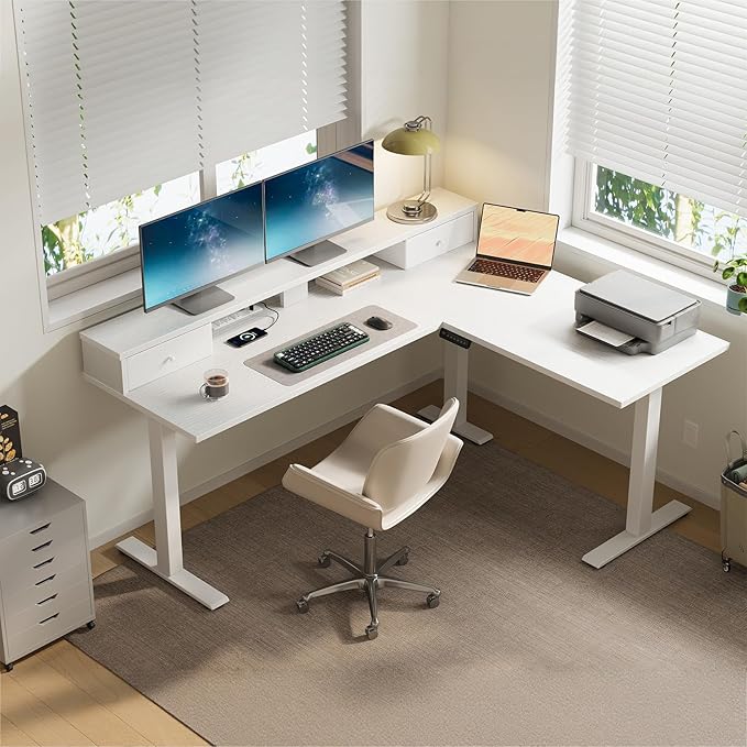 Casaottima 59 Inch Electric L-Shaped Standing Desk with Drawers Height Adjustable Stand Up Corner Desk with Monitor Stand Lift Table for Home Office Workstation White