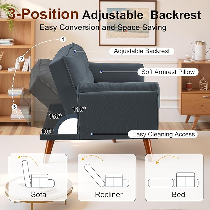 Convertible futon Sofa Bed Sleeper Sofa Bed with Adjustable backrest Small Space Small Sofa Living Room Bedroom (Dark Gray)