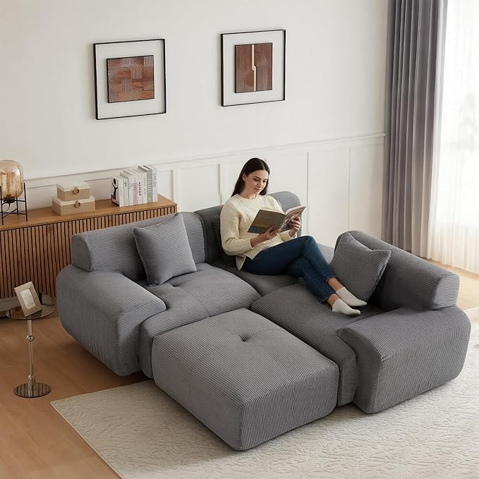 107 Cloud Modular Sectional CouchBoneless Sofa with OttmanL-Shape Upholstered Sofas with Deep SeatModern Cozy Corduroy Couches with Memory FoamNo Assembly Required (Dark Grey)