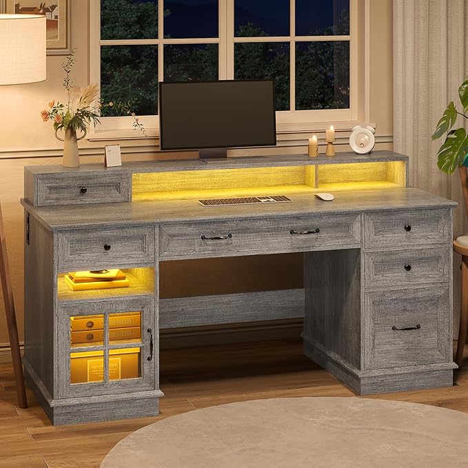 Farmhouse Executive Desk with Drawers Computer Desk with File Drawers Power Outlet and Led Lights Executive Office Desk with Storage Cabinet and Monitor Shelf for Home Office Grey