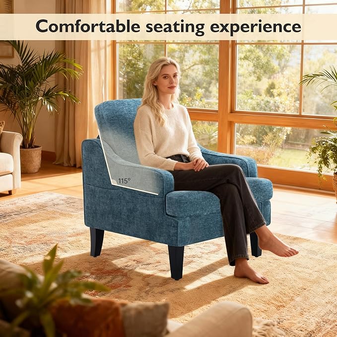 Accent Chair for Living Room Upholstered Living Room Chair with Side Pockets Comfy Accent Chairs for Bedroom Mid Century Modern Armchair for Office Apartment Waiting Room Club (Blue)