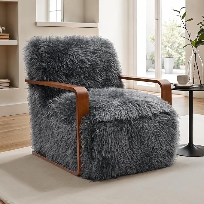 Comfortable Faux Fur Reading ChairModern Luxury Accent Chair Side Chairs with Curved Wooden Armrests for ApartmentLiving RoomOfficeStudyCharcoal Grey