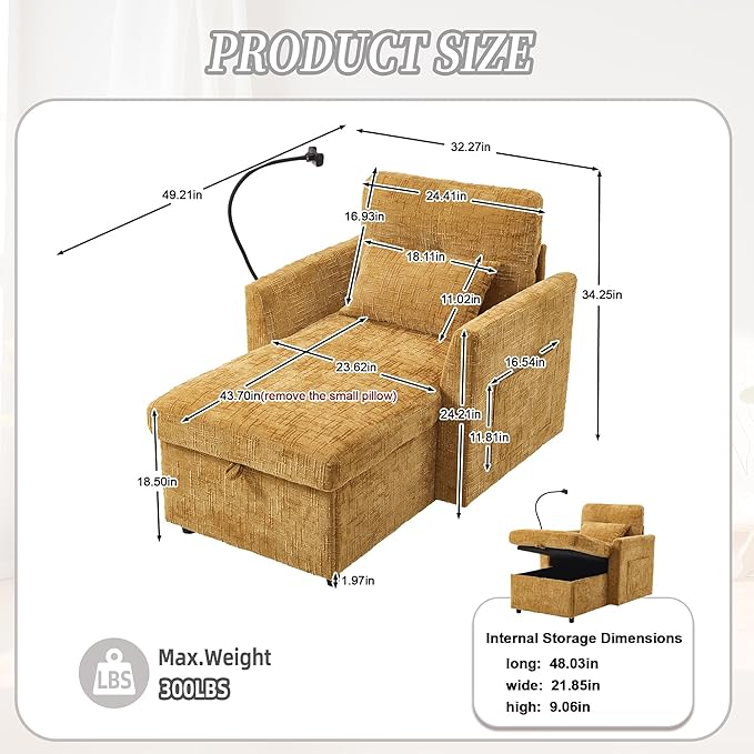 Oversized Multifunctional Recliner Chair with Phone Holder Chenille Ergonomic Lazy Boy Recliner Chair with Storage Backrest Swivel Rocking Chair for Living Room (Mustard Yellow)