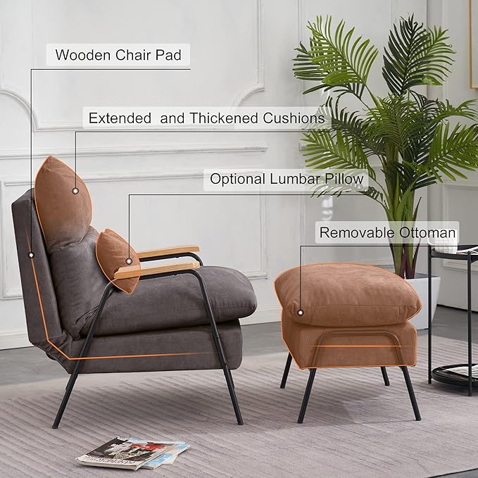MCombo Accent Recliner Chair with Ottoman Modern Fabric Armchair Upholstered Sofa Bed for Living Room Bedroom Small Space 4055 (Black Frame Grey)
