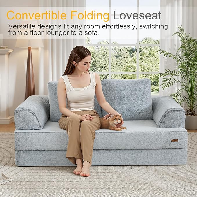 COMAX Convertible Sofa Bed Folding Floor Couch Fold Out Couch Bed Futon Sleeper Mattress with Pillows Boneless Sofa Comfy Lounge Loveseat for Living Room Bedroom Snow Light Grey