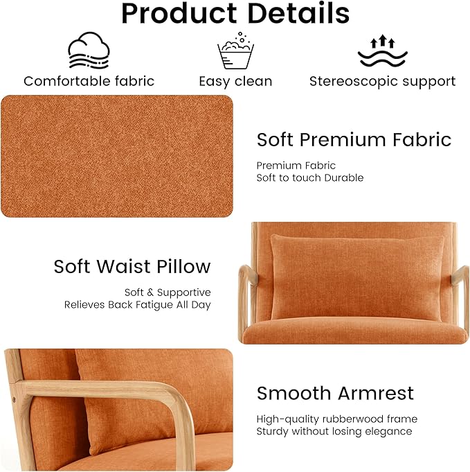 Mid Century Modern Accent Chair Set of 2 Upholstered Chair for Living Room Accent Chair with Lumbar Pillow Solid Wood Frame Reading Chair Armchair for Bedroom Small Spaces Orange