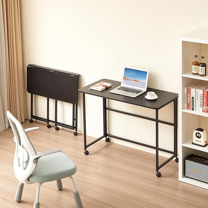 Folding Computer Desk with Wheels Small Writing Foldable Desk 39.37 Space-Saving Laptop Table Easy Assemble Workstation for Home OfficeBlack