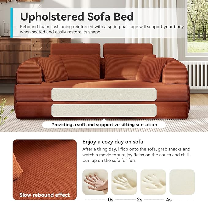 Upgrade High Backrest Design Sofa Bed with Fixed-Shape Frame &amp Removable Armrests and Backrest Corduroy Fabric Convertible Mattress Couch for Small Spaces - No Assembly Needed (High Backrest Ora