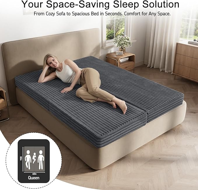 MeMoreCool Convertible Sofa Bed Folding Floor Couch Bed Queen Pull Out Sleeper Couch with Pillows Fold Out Futon Sofa for Bedroom Living Room Small Space Corduroy Grey