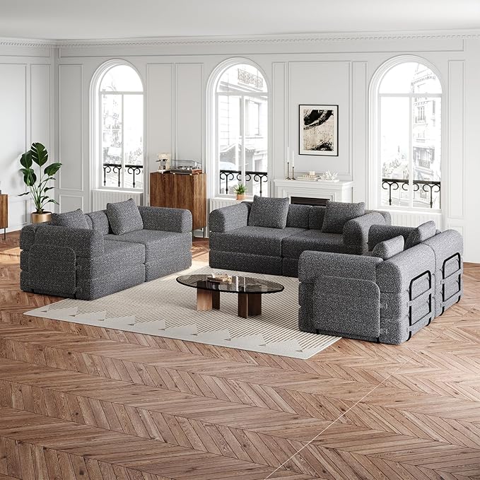 Convertible Sofa Bed 108+72.4+37 Sectional Couch 6-Seater with Storage Pockets Modular Sleeper Couch Chenille Folding Floor Boneless Lounge Sofa for Living Room Guest Room Grey