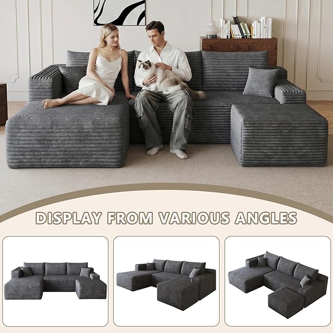 95 Cloud Sectional Couch with U-Shaped Chaise Corduroy Sectional Sofa with Ottoman Boneless Couch with Deep Seat for Living Room No Assembly Required (Dark Grey Left Facing Chaise)