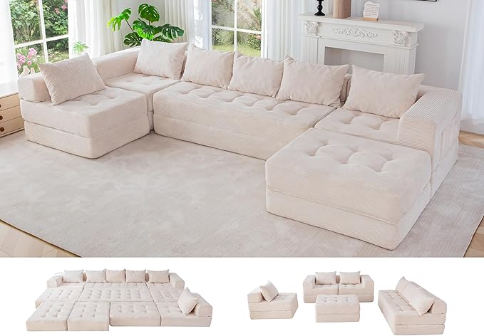 MAXYOYO Modular Sectional Sofa Couch Foldable U Shaped Cloud Couch with Pillows Tufted 7-Seat Boneless Sleeper Lounger Floor Sofa Bed for Living Room No Assembly Required Beige