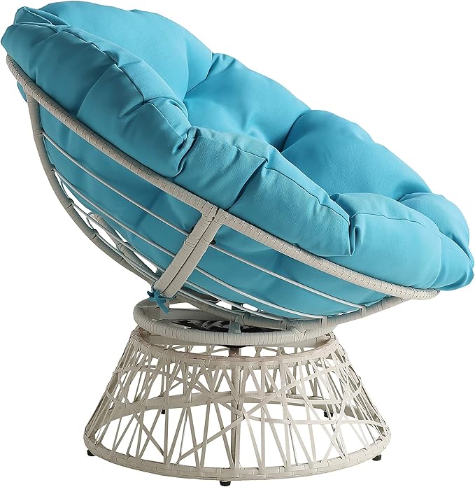 OSP Home Furnishings Wicker Papasan Chair with 360-Degree Swivel Cream Frame with Blue Cushion
