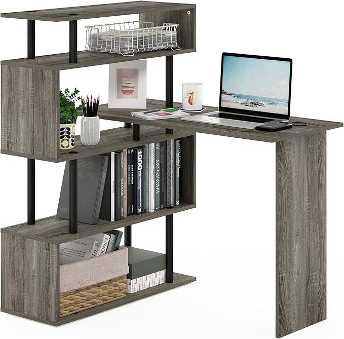 Furinno Classic Desk 40 Wide L-Shape Gaming Desk Computer Desk Writing Desk with 5-Tier S-Shaped Side Shelves for Home Office Study Room Dorm Bedroom French Oak