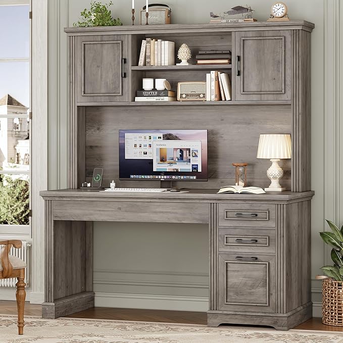 SEDETA Office Desk with 3 Drawers 47.2 Executive Computer Desk with Storage Drawers and Hutch Cabinet Wood Farmhouse Desk with Power Outlet for Home Office Grey