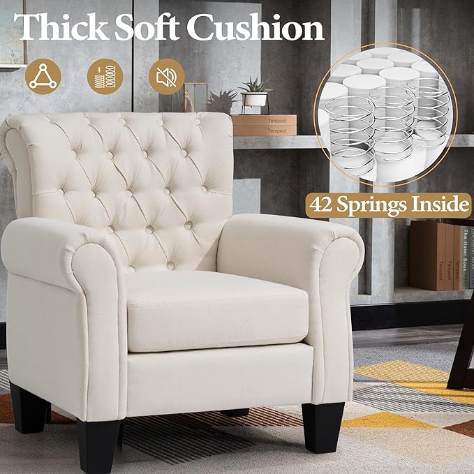 Soft Accent Chair Reading Arm Chair Fabric Living Room Chairs for Bedroom Home Office Single Sofa (Beige)