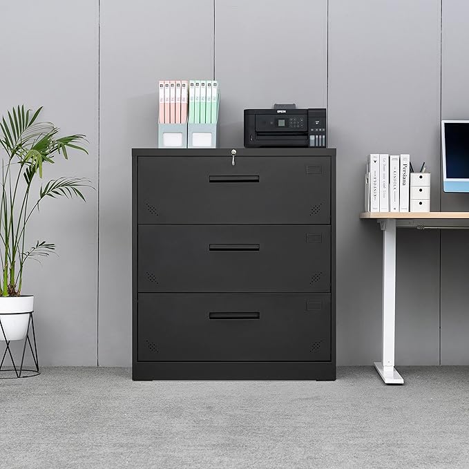 Generic 3 Drawer Lateral Filing Cabinet for LegalLetter A4 Size Large Deep Drawers Locked by Keys Locking Wide File Cabinet for Home Office Metal Steel Black