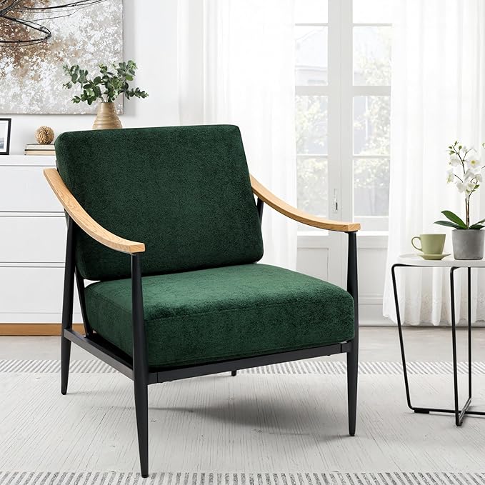 Modern Accent Chair for Living Room Bedroom Mid Century Arm Chair Upholstered Office Accent Chair Comfy Waiting Room Chair with Metal Frame Green