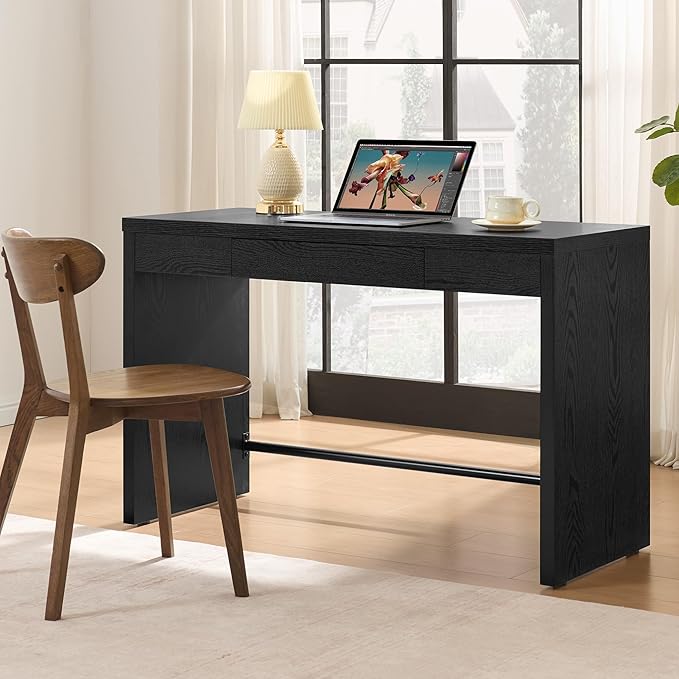 SICOTAS Computer Desk Writing Table - 47-Inch Wooden Study Desk for Bedroom Farmhouse Home Office Desk with Drawer Boho Makeup Vanity Table for Dormitory (Black Oak 1 Piece)