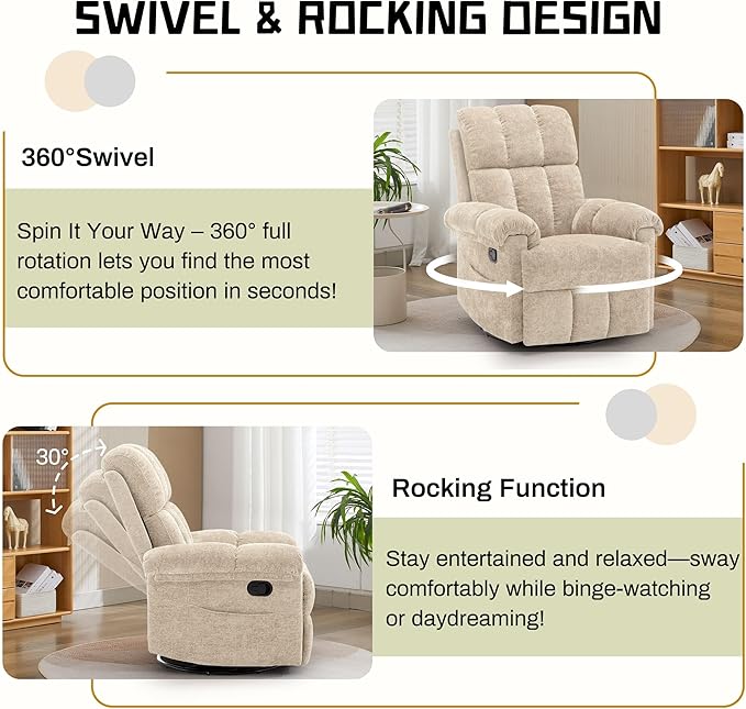 Recliner Chair Swivel Rocker Recliner Chair for Adults Small Recliners for Small Spaces Manual Recliner with Side Pockets Upholstered Nursery Rocking Chair for Living Room Chenille Khaki