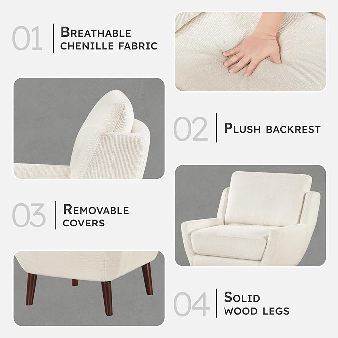 Lexicon Modern Wingback Accent Chair Chenille Fabric Upholstered Lounge Reading Arm Chair Solid Wood Legs for Living Room Bedroom Supportive Padded Pocket Coil Seat Easy Assembly Beige