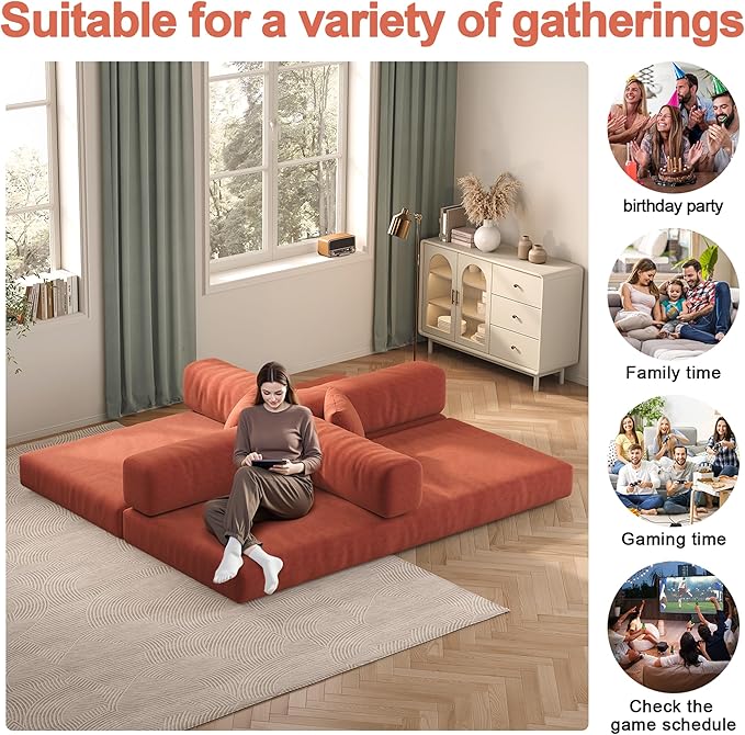 79 Convertible Sofa Bed with Pillows Corduroy Folding Sleeper Sofa with Fixed-Shape Frame Boneless Couch for Living Room Bedroom Floor Sofa Lounge No Assembly Required (A - Style-Orange)