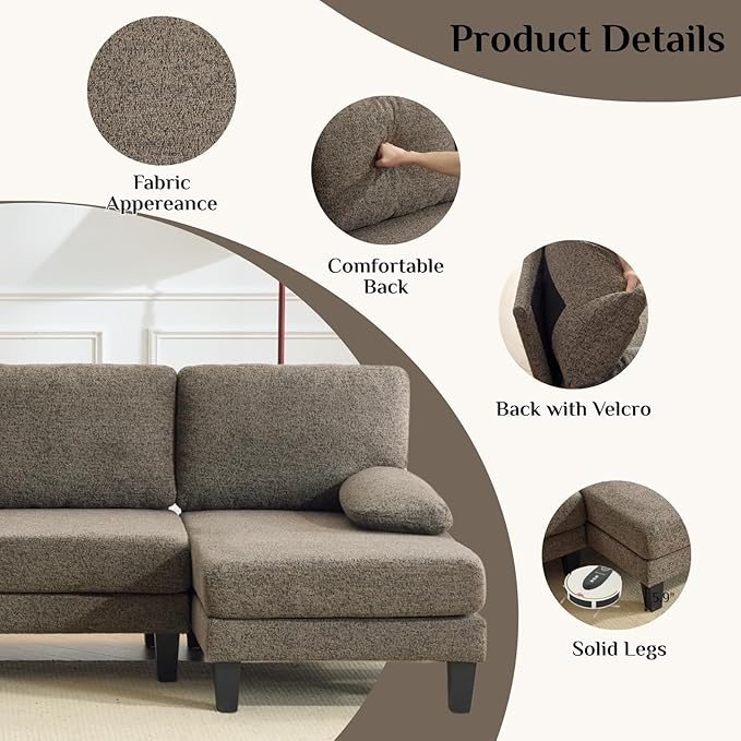 Karl home 110 Sectional Couches for Living Room U-Shape Sofa with Chenille Upholstery 4 Seat Sofa Set with Double Chaises &amp Wood Grain Legs for Apartment Brown