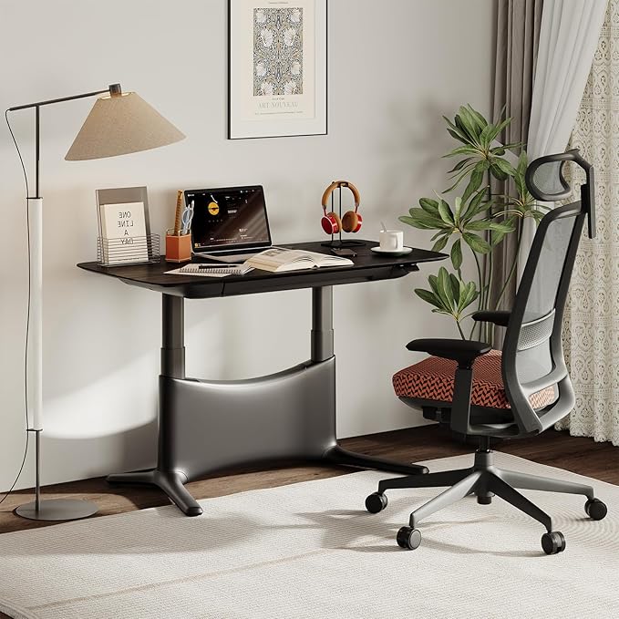 COLAMY Electric Adjustable Standing Desk – 48 x 28 Inch Sit Stand Desk with Drawer &amp Cable Management Dual Motor Lift System Ergonomic Footrest Home Office Table (Veneer Desktop Black Oak + Bl