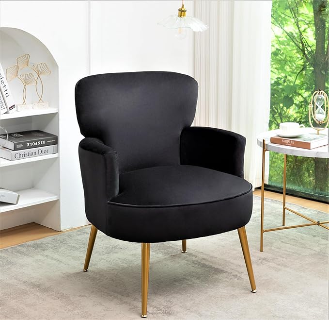 Trendy Velvet Accent Chair with Gold Metal Legs Upholstered Armchair for Small to Mid-Size Spaces Modern Living Room Bedroom Vanity Desk and Entryway Black