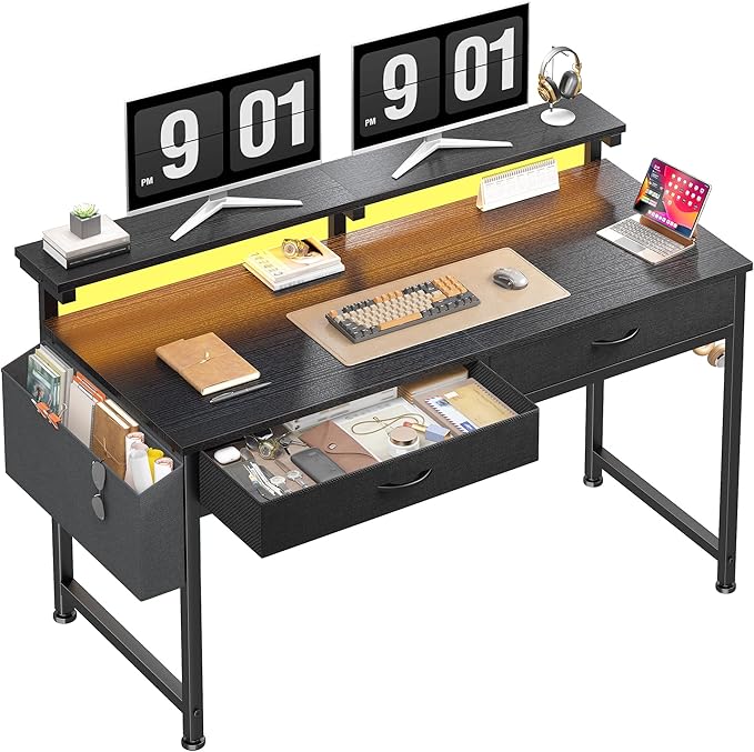 47.3Inch Gaming Desk with LED Lights with 2 Drawers Home Office Desk Computer Desk with Side Pocket &amp Ergonomic Monitor Stand Small Space Study Writing Table with Anti-Tip DesignBlack